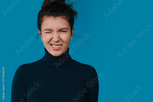 Fototapete woman with eye strain discomfort, candid portrait of woman experiencing screenre
