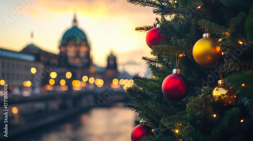 Festive Christmas tree adorned with colorful baubles and warm lights set against a historic cityscape of Berlin