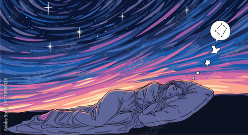 Dreamy Scene A Woman Sleeps Peacefully Under a Starry Sky, Illustrating Dreams and Night
