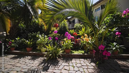 Tropical garden courtyard with vibrant orchid, palm, lush green foliage, sunlight streaming, natural stone path, potted flowers, peaceful paradise