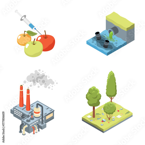 Isometric vector set illustrating environmental issues like pollution and contamination