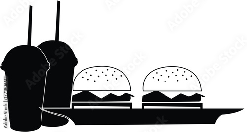 Black silhouette of two burgers and two drinks on a tray with straws Keywords: burgers, hamburgers, fast food, drinks, soda, cups, straws, tray, food, meal