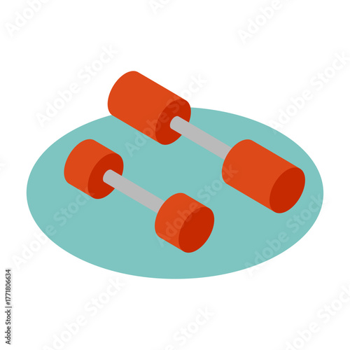 Two isometric orange dumbbells on a teal background, symbolizing fitness and weightlifting for workouts