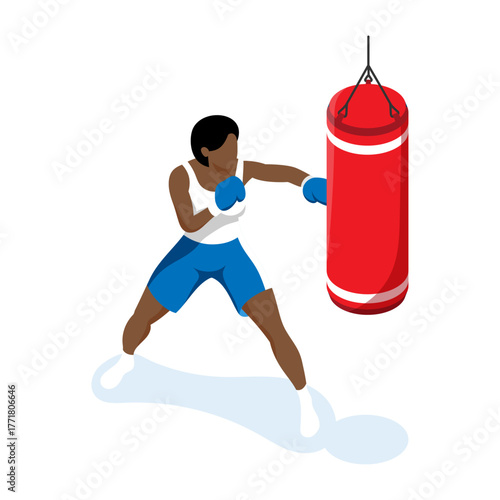 Dynamic isometric illustration featuring a focused individual engaged in vigorous boxing training session