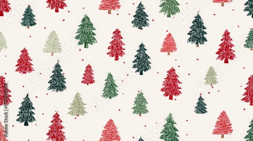 Cute Christmas tree pattern with red and green colors. Hand-drawn style.