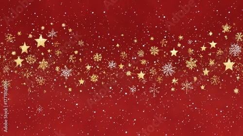 Christmas & New Year Banner: Red background with stars, glitter, winter decorations, and snowfall.  Festive design with gold glitter.