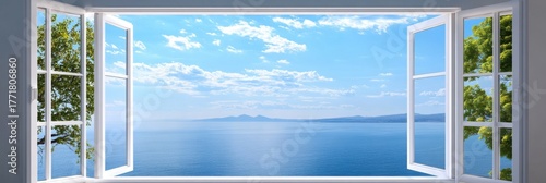 White room with open window and ocean landscape background