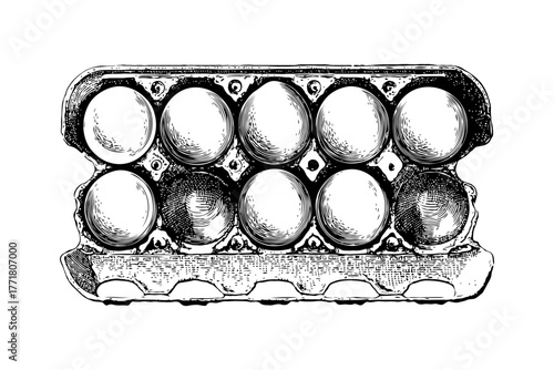Ten eggs in an open carton shown in engraving style, black and white hand-drawn artwork on white background, concept of farm freshness