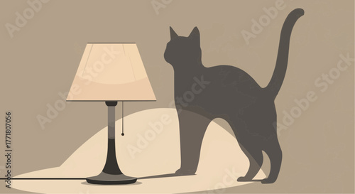 Cat silhouette beside lamp on neutral background in minimalist design  
