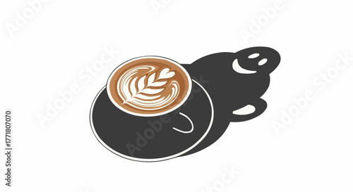 Coffee cup with latte art on saucer creating shadow design  