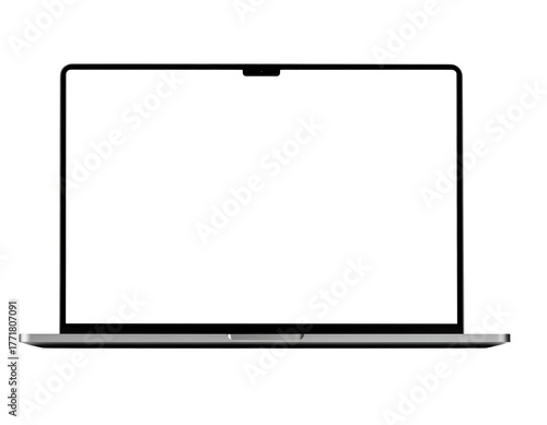 A modern, open laptop with a blank white screen, featuring a dark gray body and visible keyboard, positioned straight on and isolated on a light gray background.
