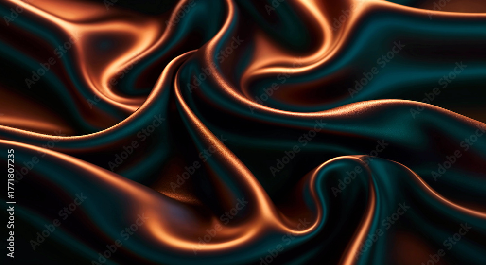 Obraz premium Close-Up of Silky Fabric in Flowing Folds with Copper and Teal Highlights Showcasing Luxurious Texture and Light Play 