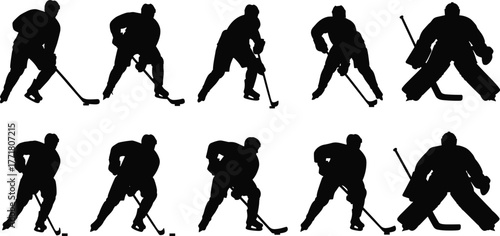 Ice Hockey Player Silhouettes Set Skating Shooting Puck Goalie Sport Action Vector Graphic Collection.
