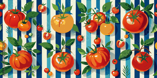 Bright, colorful tulips in the garden next to a fresh red tomato for a healthy diet