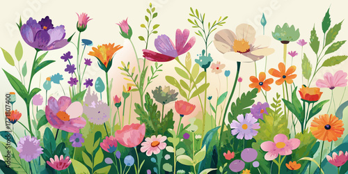 Colorful tulip flowers bloom brightly in a garden field, creating a beautiful spring nature background