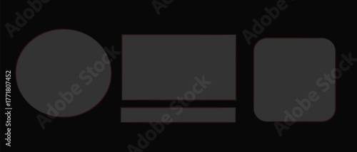 Minimal dark geometric shape layout  circle, rectangles, and rounded shapes in matte black texture for 3D modeling, UV mapping, and digital abstract design background.