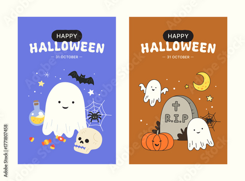 Cute Halloween Ghosts Vector Set – Cartoon Spooky Characters with Tombstone, Bat, Pumpkin and Skull