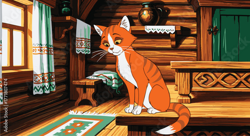 A thoughtful ginger cat sits pensive and alone on a rustic wooden floor, within a cozy, sunlit country cottage, depicting a quiet moment of contemplation