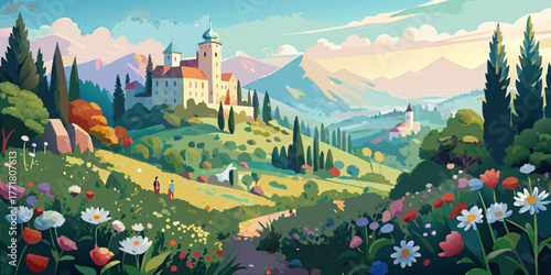 Mountain panoramic view of a European cityscape with a castle, river, and green nature