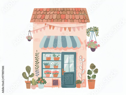 Colorful cute flower store building illustration, AI generated