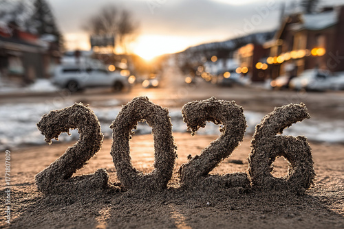 Number 2026 written in sand...