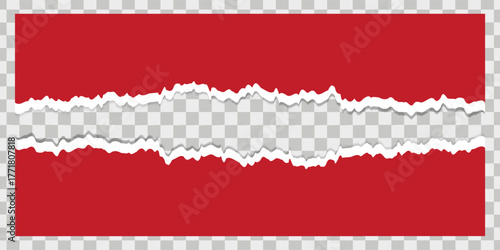 Red torn paper with torn edges isolated transparent background with shadow effect in horizontal banner design.ripped horizontal paper strip