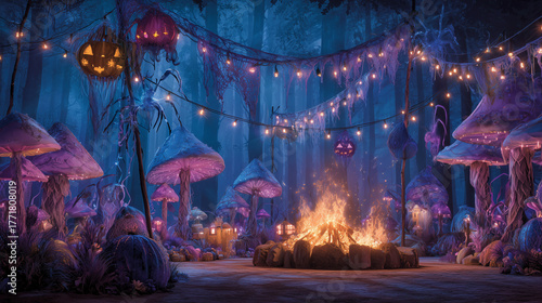 A whimsical and magical Halloween party in an enchanted forest. Fairies, witches, and mythical creatures in vibrant, elaborate costumes dance around a glowing bonfire.