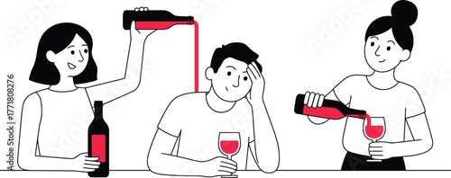 Wine party illustration friends pouring wine bottle into glass
