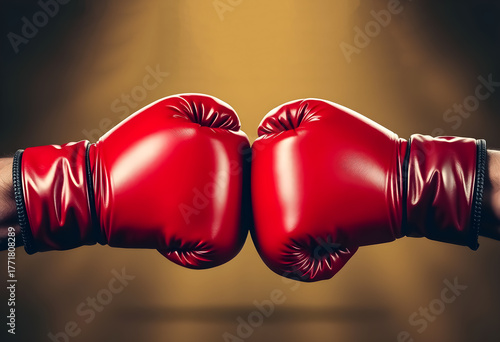 Two red boxing gloves meeting in the center of the ring during a training session for competitors