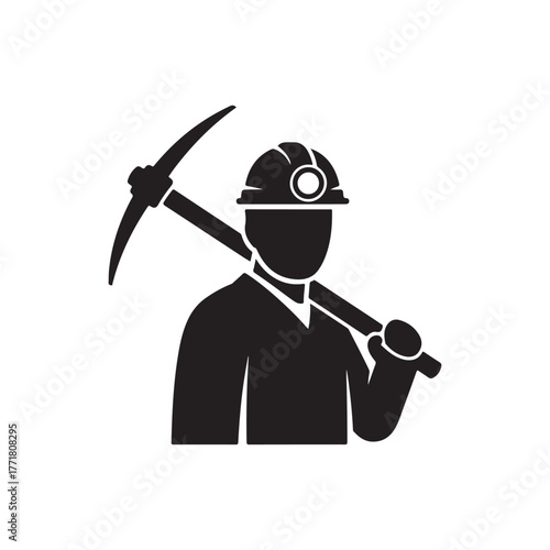 Flat Design Miner Silhouette Icon with Pickaxe and Helmet