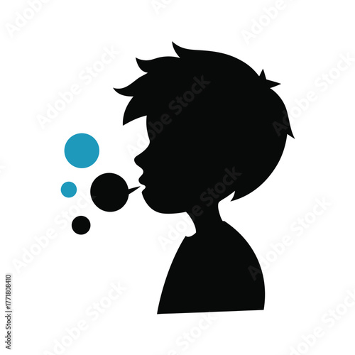 Minimal boy blowing bubbles silhouette vector clean design for kid playtime and carefree childhood art
