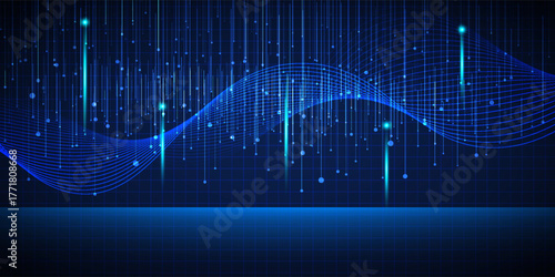 Vector illustration of futuristic digital technology background with glowing dots floating on digital landscape and wave wireframe above for game graphic and advertising artwork.