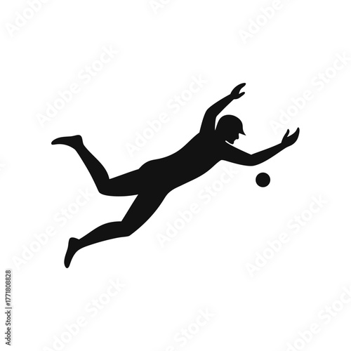 Minimal cricket fielder diving to catch silhouette vector clean design for athletic action and cricket field moment