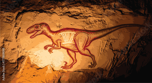 Ancient Cave Painting Depicting a Detailed Raptor Skeleton and Outline