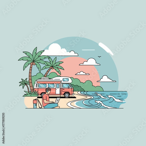Young person working remotely on laptop beside campervan on tropical beach with ocean waves and sunset sky