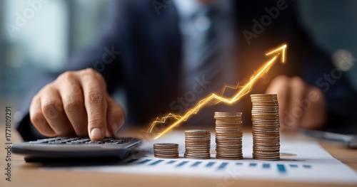 Confident businessman meticulously calculating interest rates with a calculator, symbolizing financial strategy, investment growth, and smart fiscal planning for business success.