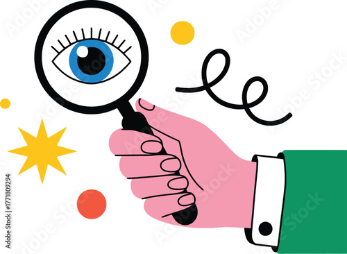 Eye examination with magnifying glass search and vision checkup