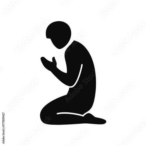 Minimal man praying on knees silhouette vector clean design for faith religion and spirituality meditation concept