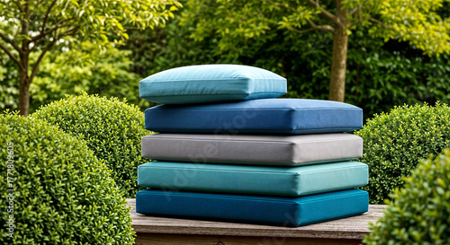 Stack of Colorful Outdoor Cushions on Stone Surface Surrounded by Green Shrubs in Serene Garden Setting
