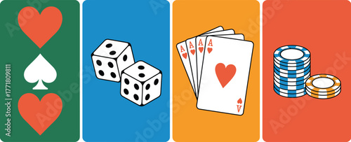 Casino games illustration with playing cards dice and poker chips