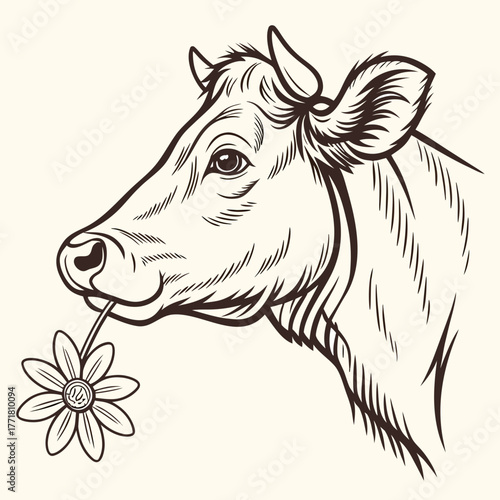 Cow Head with Flower Vector Illustration  