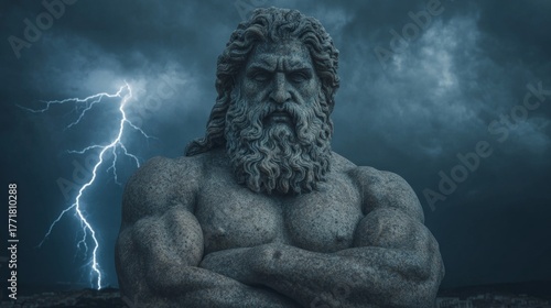 A colossal statue of Zeus, the king of gods, towers on Mount Olympus against a stormy backdrop. Dark clouds swirl above as lightning illuminates his powerful figure, symbolizing strength and majesty