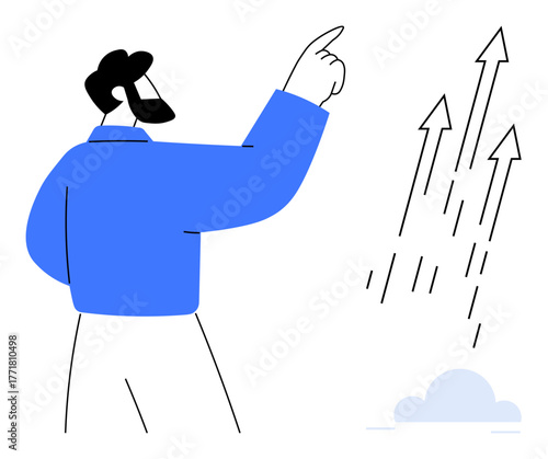 Person gesturing to upward arrows indicating progress, success, and opportunities. Ideal for themes thumbs up leadership, growth, motivation, business strategy, career advancement, goal setting