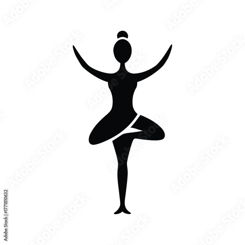 Minimal woman doing yoga tree pose silhouette vector with white background for balance and calm concept