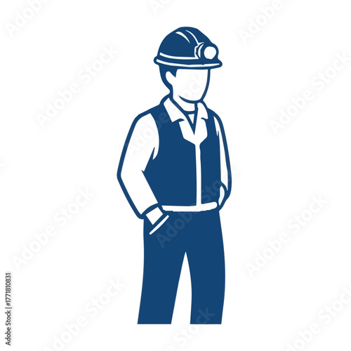 Simplified Blue Industrial Worker with Hard Hat and Vest Icon