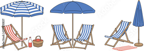 Beach scene with umbrellas and chairs summer vacation getaway