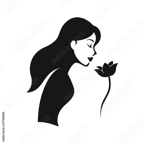 Minimal woman smelling flower silhouette vector with white background for beauty and nature appreciation art