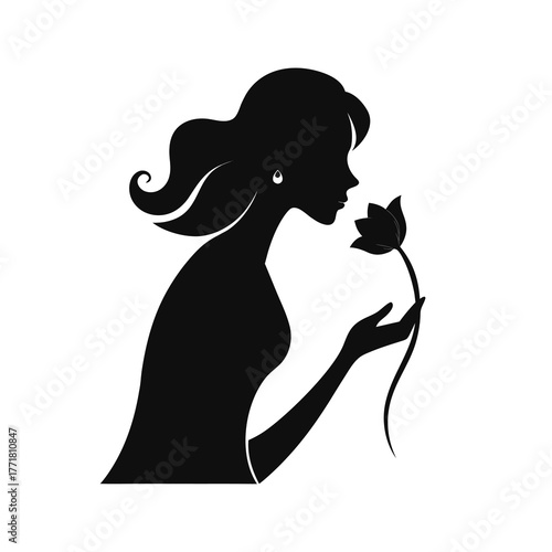 Minimal woman smelling flower silhouette vector design with white background for calm and peaceful lifestyle