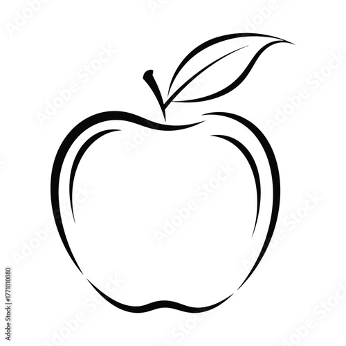 Refined apple silhouette with smooth balanced curves and elegant leaf detail in minimalist black vector design representing sophistication