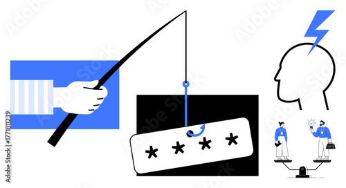 Fishing hook catching password card, human head with lightning, weighing individuals. Ideal for cybersecurity, phishing awareness, privacy, online security, hacking, data protection communication